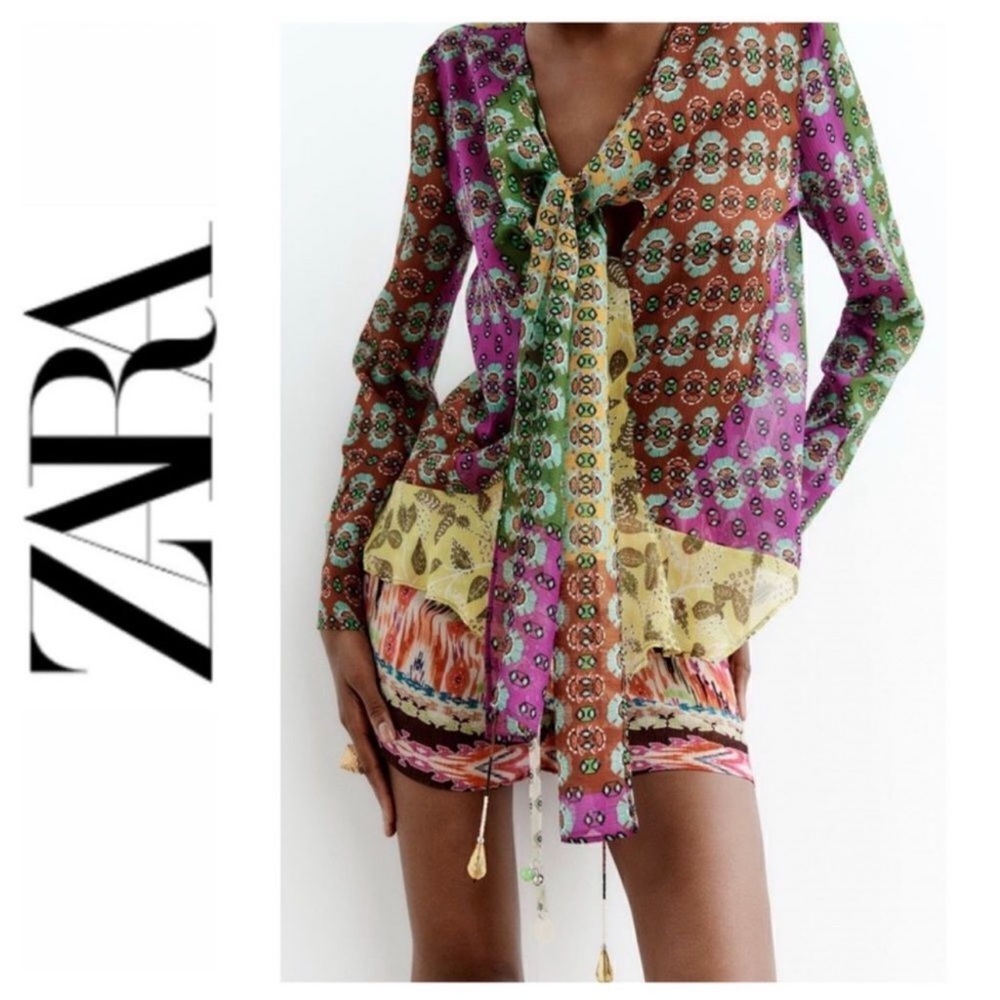 NWT Zara Multicolor Semi-Sheer Long Sleeve Tie Scarf Beaded Boho Printed Blouse
